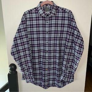 Thomas Dean Men’s Large Blue & Purple Plaid Cotton Button-Up Shirt Long Sleeve